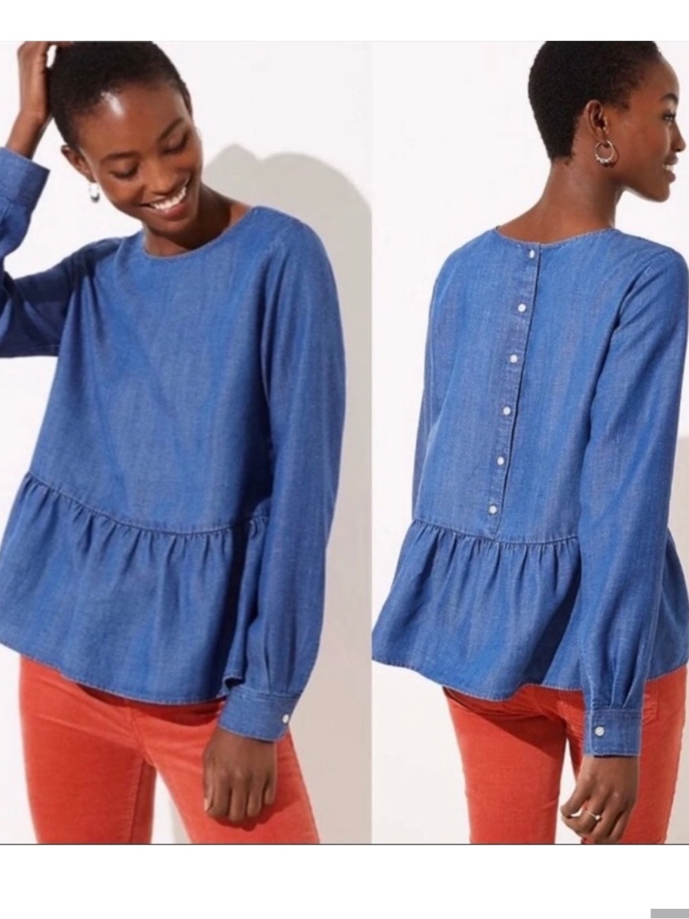 LOFT  Chambray Button Back Peplum Top Blue Boho Size XL
